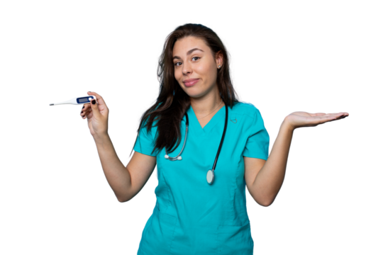 Female medical professional displaying temperature reading and open palm, transparent backdrop