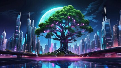 A large, lush, green tree stands prominently in the center of the image