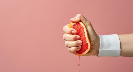 Caucasian female hand squeezing grapefruit against pink background