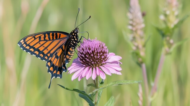 A vibrant orange and black butterfly rests delicately on a purple flower in a lush green meadow. The sun shines brightly, creating a serene summer morning atmosphere - Powered by Adobe