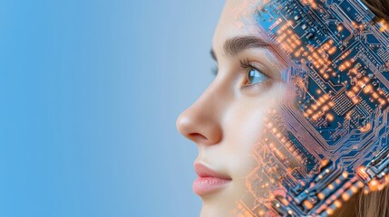 A woman gazes thoughtfully into the distance, her profile merging with vibrant digital circuitry. This artwork symbolizes the blend of human emotion and technological advancement in modern society