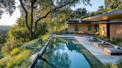 Fototapeta premium Modern Luxury Home with Serene Pool Landscape Surrounded by Lush Green Trees Under Bright Blue Sky