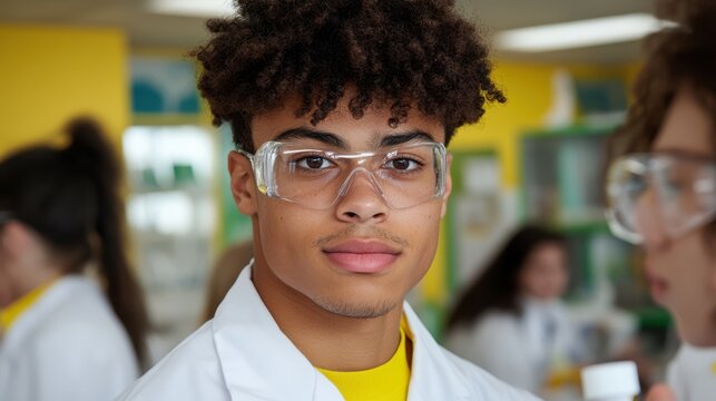 A young scientist stands confidently in a lab, wearing safety goggles and a lab coat. He is part of a classroom activity focused on scientific exploration and experimentation