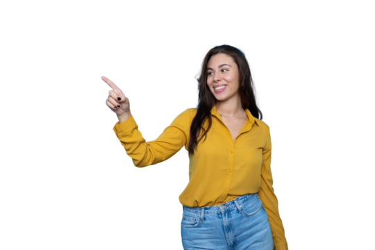 Cheerful businesswoman pointing with index finger aside while smiling on transparent background - Powered by Adobe