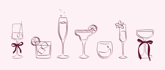 Cold drinks and cocktails. Hand drawn coquette drawing. Cute glasses with ribbon and bow for menu in crayon and sketch style. Doodle outline vector illustration
