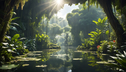 Sunlit Jungle Grotto: Tranquil Creek & Lush Tropical Flora