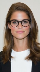 Obraz premium A woman displays a confident smile while wearing stylish eyeglasses. Her sleek hair frames her face, highlighting her professional attire in a well-lit indoor space