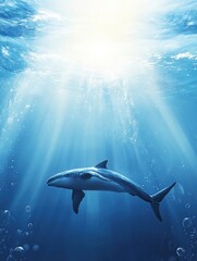 Fototapeta premium Whale Swimming Underwater with Sunlight Rays and Bubbles in Deep Ocean