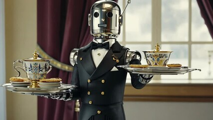 A humanoid smart robot dressed as a butler waiter serves tea and cookies on silver trays in a luxurious setting with elegant curtains, combining futuristic robotics with classic hospitality charm.