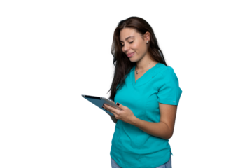 Nurse wearing turquoise scrubs using tablet with transparent background, ideal for medical and healthcare marketing
