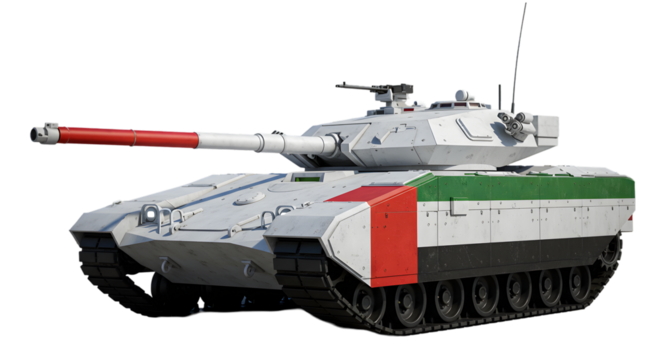A military tank painted with colors of the united arab emirates flag