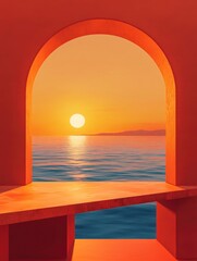 Orange Archway Framing Ocean View at Sunset Creates a Tranquil Scene