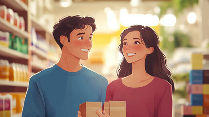 Couple grocery shopping cartoon illustration happy young people supermarket buying food together lifestyle romance art