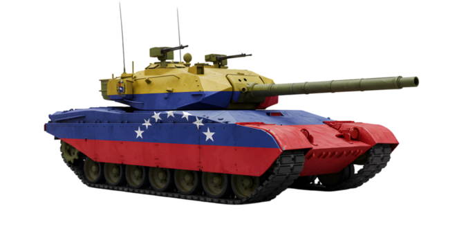 A venezuelan army tank with a long barrel on a black background shot