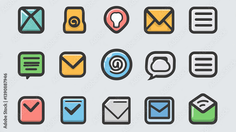 Poster colorful communication icons vector set for ui design email message and notification app interface d