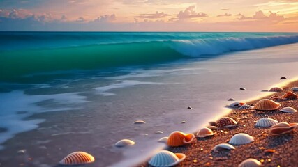 Seashells scattered on sandy beach at sunset with gentle ocean waves and colorful sky in the background perfect for tropical vacation themes, coastal nature concepts, and relaxing sea coast holiday.