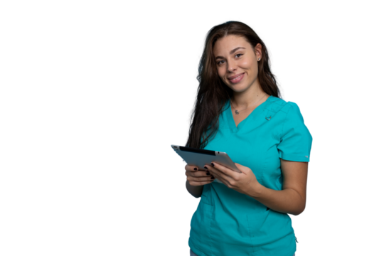 Young female doctor wearing teal scrubs holding a tablet and smiling on a transparent background