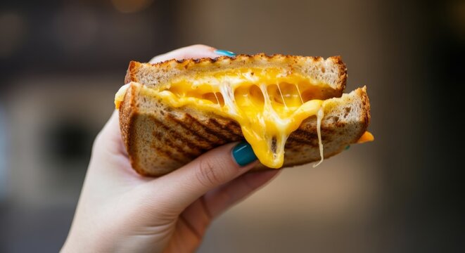 Close-up of delicious melted cheese grilled sandwich held by female hand