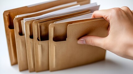 Hand gripping a manila folder with paper documents showing how office workers organize paperwork for easy access with a white background