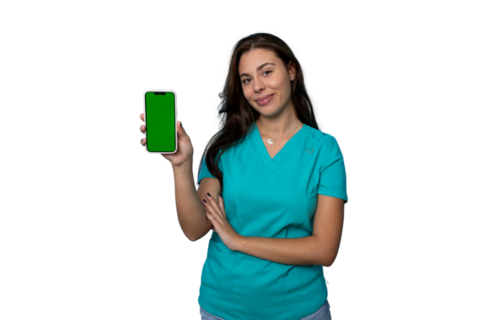 Female doctor showing a smartphone with a green chroma key screen, perfect for mockups, on a transparent background