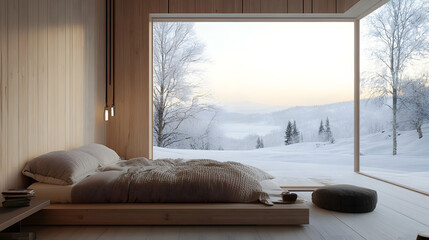 Cozy bedroom with a scenic winter view through a large window. A peaceful retreat with natural light and minimalist design elements for ultimate relaxation.