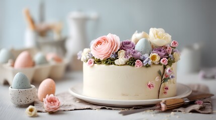 Fototapeta premium A delectable frosted cake adorned with pastel flowers and speckled eggs, set against a soft backdrop, perfect for a springtime celebration.