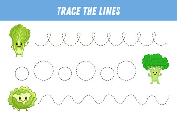 Tracing lines for kids. Cute cartoon vegetables. Broccoli, cabbage, сhinese cabbage. Handwriting practice. Educational game for preschool kids. Activity page. Vector illustration
