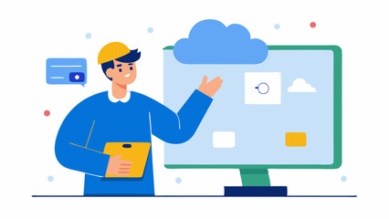 Client Consultation An engineer is having a video call with a client discussing cloud solutions while pointing at a digital whiteboard filled with cloud architecture designs.