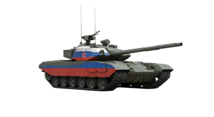 Military tank with russian flag design on a black studio background