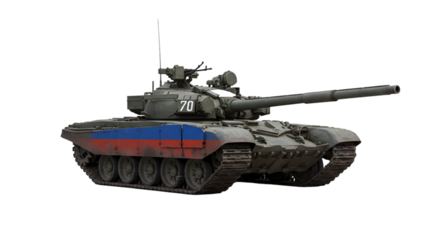 A russian t seventy two tank with a flag on the side in a black background