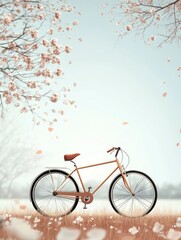 Fototapeta premium Vintage Bicycle with Falling Blossoms in Pastel Hues Springtime Scene