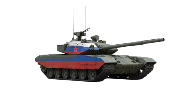 Military tank with russian flag design on a black studio background