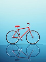 Fototapeta premium Red Bicycle with Reflection on Blue Background for Active Lifestyle Designs