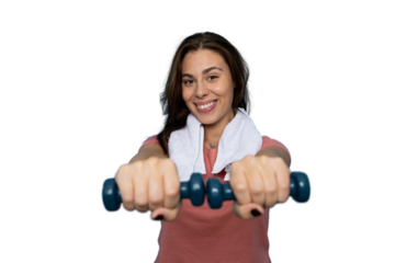 Sporty woman wearing towel lifting weights and showing biceps, isolated on transparent background