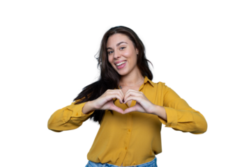 Woman creating heart shape with hands, radiating affection and warmth, against transparent backdrop