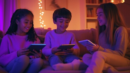 Children using tablet computers sitting on sofa in cozy living room