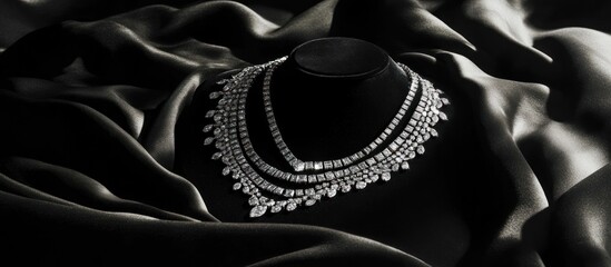 Elegant diamond necklace on black silk.