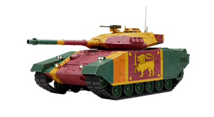 A sri lankan main battle tank with flag livery on a black background