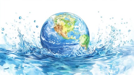 Watercolor illustration of Earth floating in water with splashes