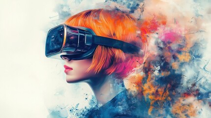 Fototapeta premium Young girl with short orange hair in virtual reality headset, digital art