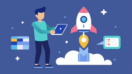 App Deployment A developer next to a metaphorical launchpad sending off a new virtual assistant app into the digital environment with rockets and stars symbolizing launch.