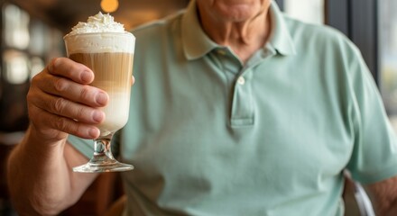 Obraz premium Elderly caucasian male enjoying a whipped cream topped coffee beverage