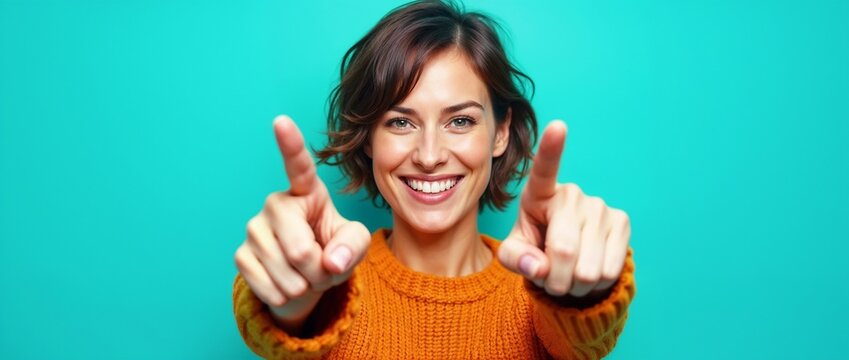 Confident Smiling Woman Pointing Towards Camera on vibrant cyan Background


