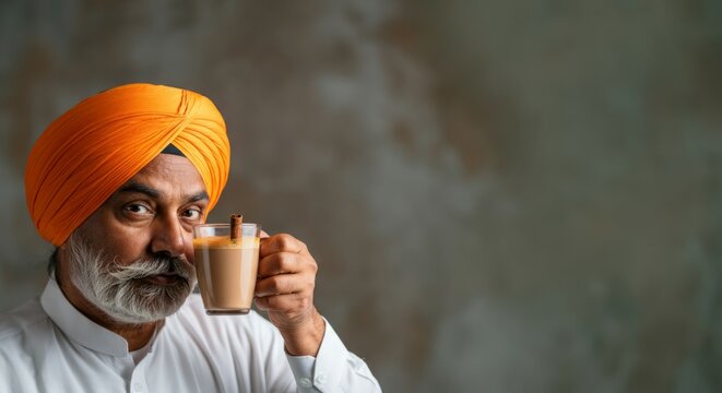 Mature sikh man enjoying traditional chai tea with cinnamon
