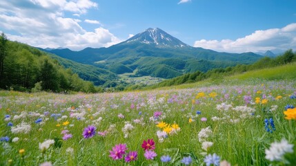 Wildflower Meadow Mountain Vista Vibrant Nature High Definition Wide Shot Lush Greenery Peaceful Serenity Mountainous Landscape Bright Sunny Hues Ideal for Travel Brochures