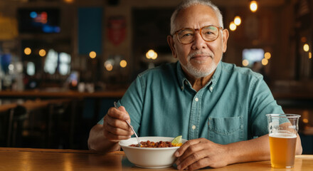 Elderly hispanic male enjoying meal and beer in cozy bar setting