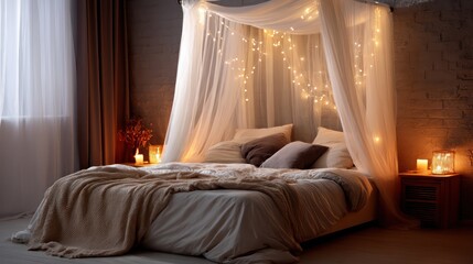 A cozy bedroom with a white canopy bed draped with fairy lights and soft beige blankets