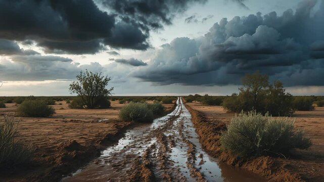 Prairie roadway submerged in water beneath a striking sky backdrop.
