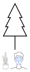 Minimalistic triangular tree, geometric facial recognition on human head, potted plant. Ideal for nature, technology, identity, growth, AI, eco-consciousness simplicity flat simple metaphor