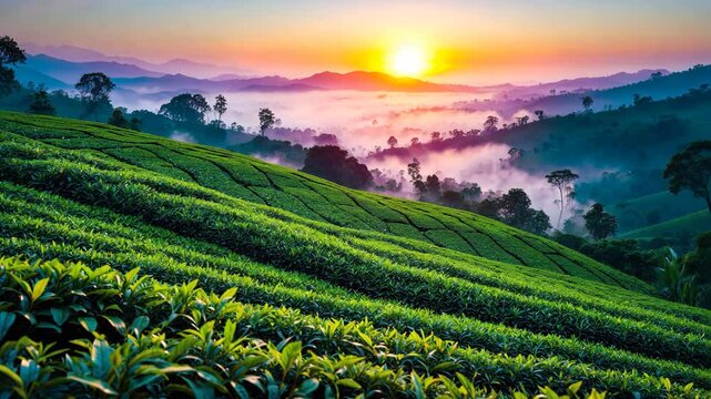 Breathtaking Sunset View of Tea Gardens in Landscape Perspective